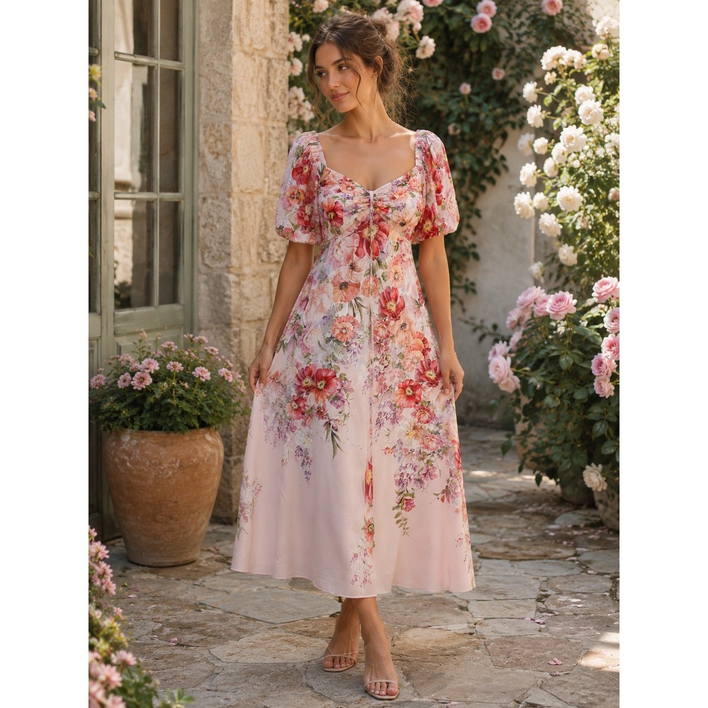 Alex Marie Floral Puff Sleeve Smocked Midi Dress Large Pink Coquette Romantic - Picture 16 of 16